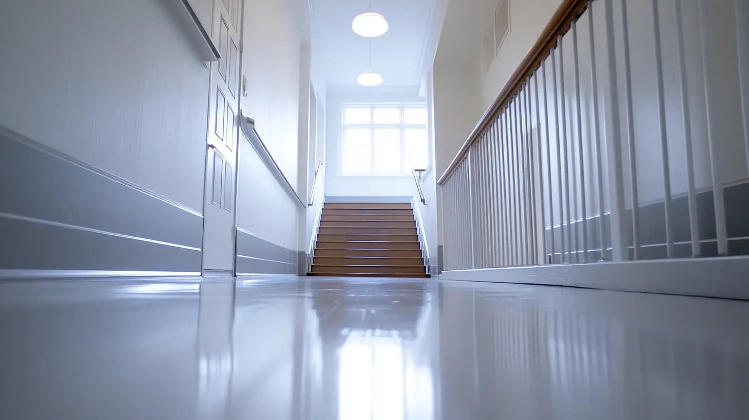 Ammattimainen lattian vahaus — kiiltävä, juuri vahattu lattia suomalaisessa kerrostalorapussa